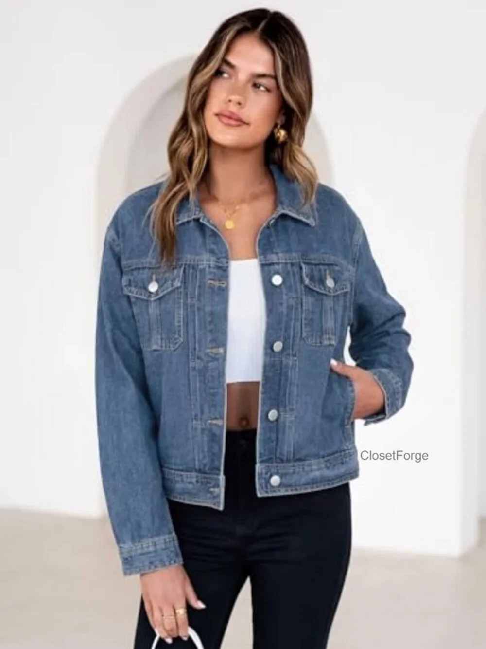 Vintage Style Denim Jacket - Long Sleeve Button Down with Pockets